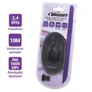 Mouse Sem Fio Bright Malásia, USB, Preto - 0404