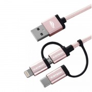 Cabo USB 3 em 1 C3Tech, 1 USB Micro V8, Tipo C e Lightining, 1.5 Metros, Rosa - CB-3000PK