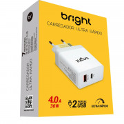 Carregador de Tomada Ultra Rápido Bright, 1 USB-C PD 18w + 1 USB 18w, Branco - AC590