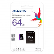 Cartão de Memória Micro SD 64GB Adata, Classe 10, Com Adaptador SD - AUSDX64GUICL10-RA1