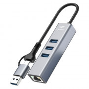 Hub 4 Portas C3Tech USB-C/A 3.0, Para 3x USB 3.0, Ethernet, Cinza - HU-LAN1000GY
