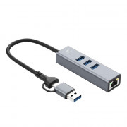 Hub 4 Portas C3Tech USB-C/A 3.0, Para 3x USB 3.0, Ethernet, Cinza - HU-LAN1000GY