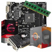 KIT UPGRADE AM4 RYZEN 3 3200G 3.60GHZ, PLACA MÃE AM4 DDR4, PLACA DE VÍDEO PCYES RX 550 RADEON 4GB DUAL GDDR5 128 BITS, MEMORIA 8GB DDR4