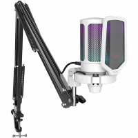Microfone Gamer Fifine SuperFrame Edition Ampligame A6T, RGB, USB, Com Braço Articulado, Branco - A6T