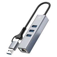 Hub 4 Portas C3Tech USB-C/A 3.0, Para 3x USB 3.0, Ethernet, Cinza - HU-LAN1000GY