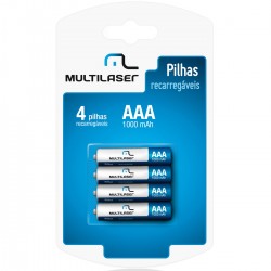 Pilhas Recarregáveis AAA Multilaser, Com 4 Pilhas 1000mah, Azul - CB050