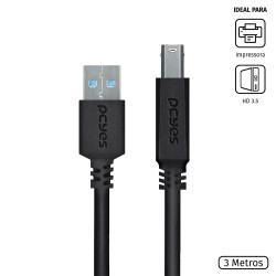 Cabo Para Impressora e HD Externo 3 Metros, PCYes, USB A 3.0 Macho x USB B 3.0 Macho, Preto - PUABM3-3