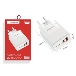 Carregador Para Celular USB-C/USB-A, Tomate, 3.0A 20W, Branco - TT-2001