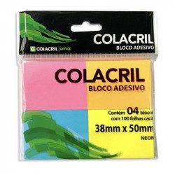 Bloco de Notas Adesivo Com 4 Cores Colacril, 38MM x 51MM, 100 Folhas - 301A11C201C