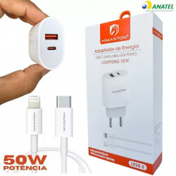 Carregador Para Celular iPhone Lightning H`Maston, Com Entrada USB e USB-C 5.1A 50W, Branco - LR28-2
