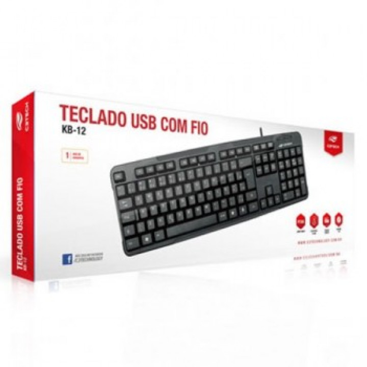 Teclado C3Tech, USB, Preto - KB-12BK