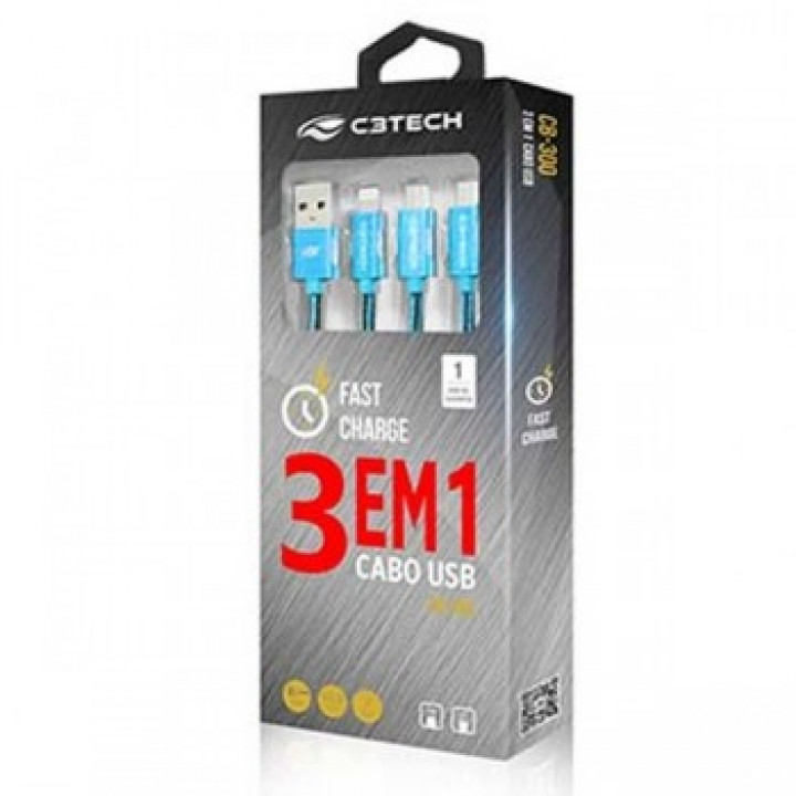 CABO USB 3 EM 1 FAST CHARGE AZUL CB-300BL - C3 TECH