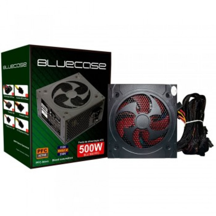 Fonte Bluecase, 500W, PFC Ativo, Com Caixa - BLU500PFC