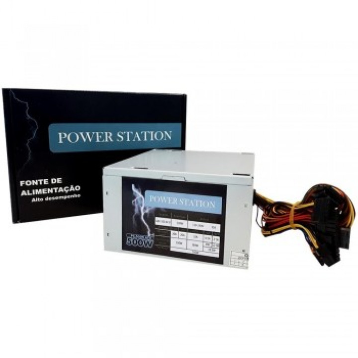 Fonte Power Station, 500W, ATX, 24 Pinos, Chaveada - FT500WPS