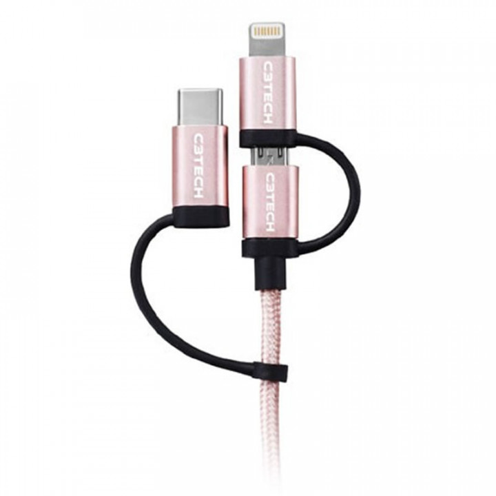 Cabo USB 3 em 1 C3Tech, 1 USB Micro V8, Tipo C e Lightining, 1.5 Metros, Rosa - CB-3000PK