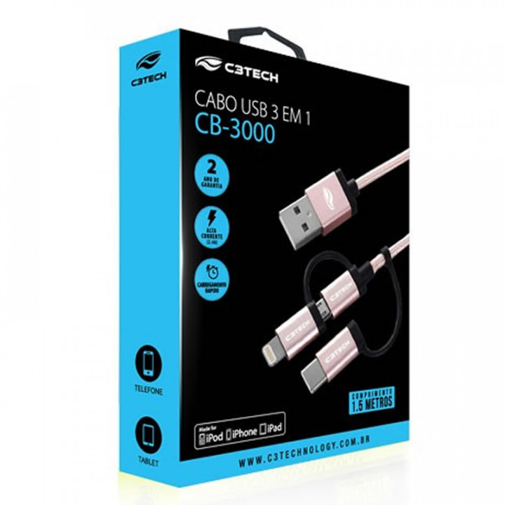 Cabo USB 3 em 1 C3Tech, 1 USB Micro V8, Tipo C e Lightining, 1.5 Metros, Rosa - CB-3000PK