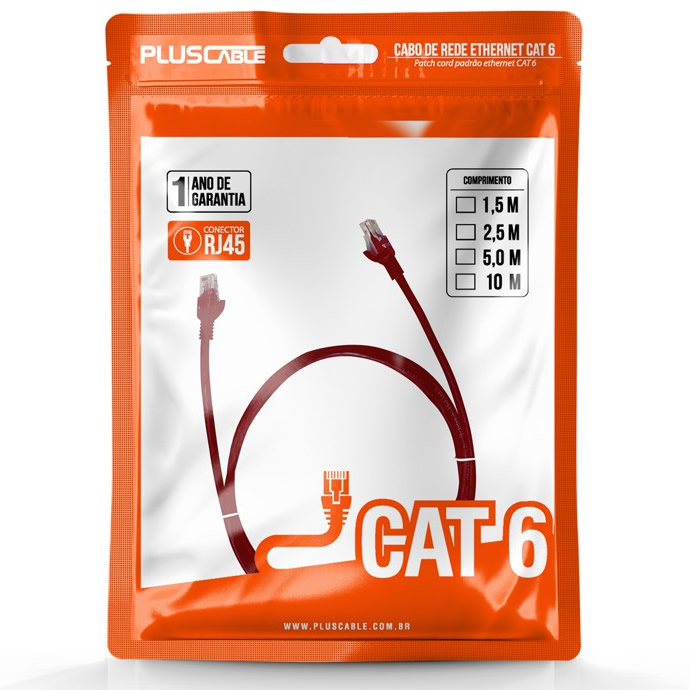 CABO DE REDE 5 METROS PLUSCABLE CAT.6 VERMELHO - PC-ETH6U50RD