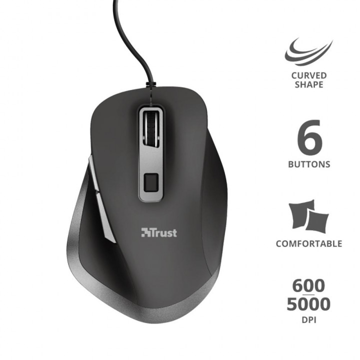 Mouse Gamer Trust Fyda Wired Comfort, 6 Botões, 5000DPI, Preto - 23808