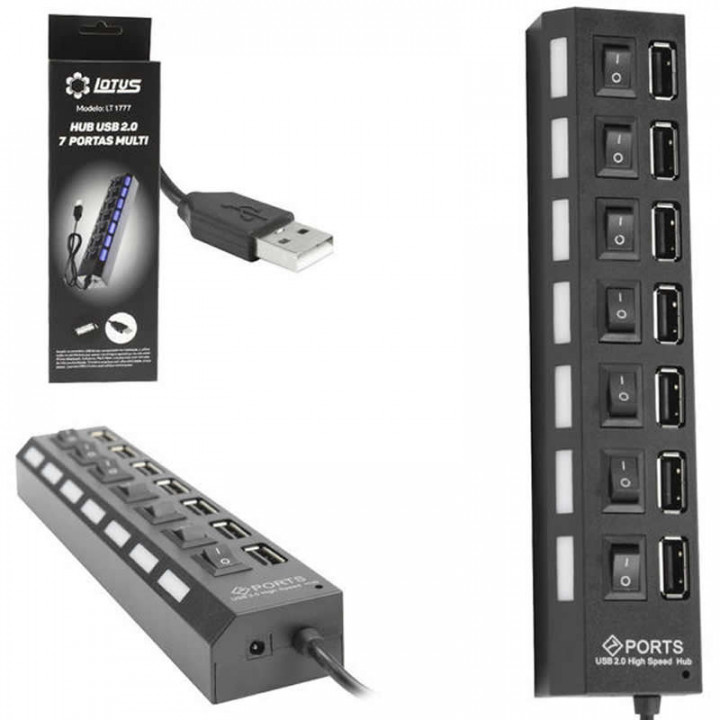 Hub USB 2.0 7 Portas, Liga e Desliga, USB 2.0 Preto, LT1777 HB-005 HUB0011LM HUB0011KP - HUB0011LT