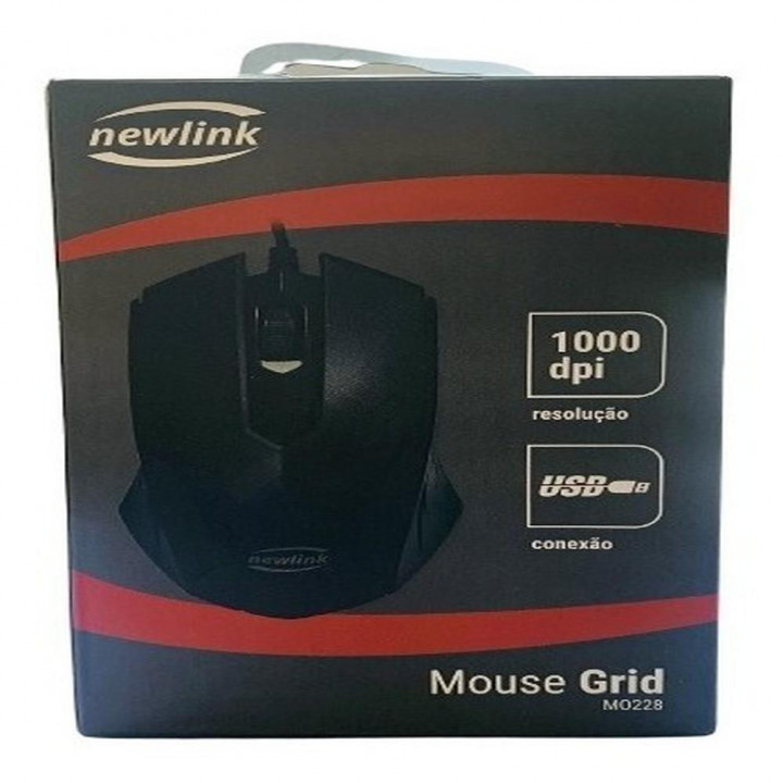 Mouse Newlink Grid, USB, 3 Botões, 1000DPI, Preto - MO228