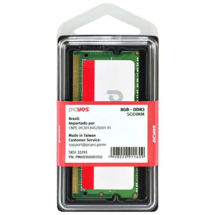 Memória Para Notebook PCyes, 8GB, 1600MHz, DDR3, SODIMM - PM081600D3SO