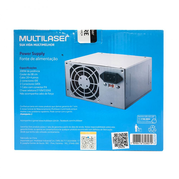 Fonte Multilaser Ga039, ATX 200w Real, Bivolt Manual Sem Cabo