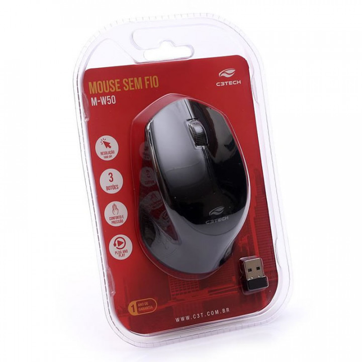 Mouse Sem Fio C3Tech RC, 1600DPI, Nano USB, Ergonômico, 1x Pilhas AA, Preto - M-W50BK