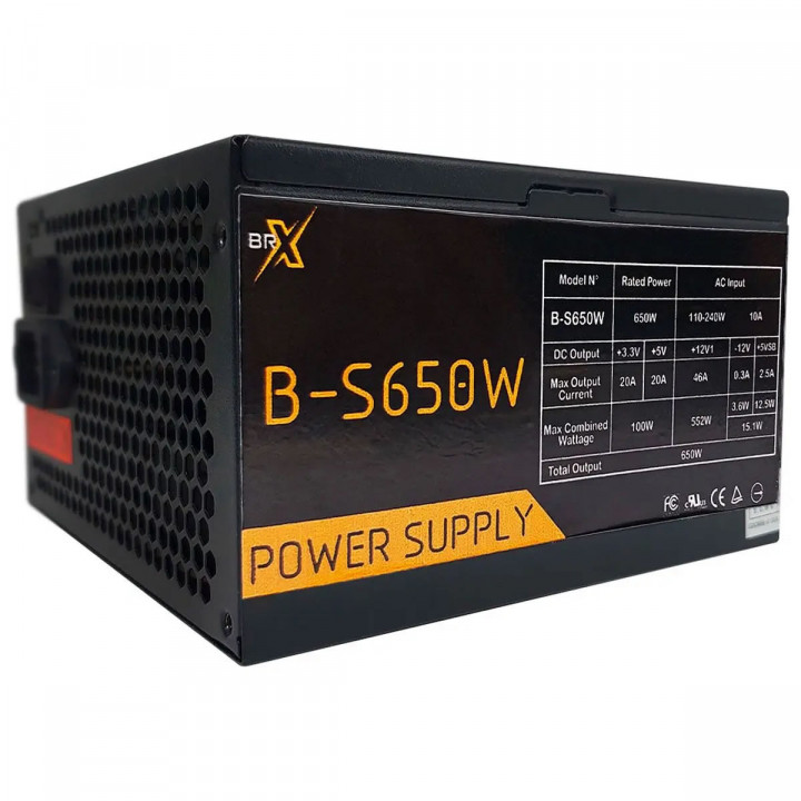 Fonte BRX 650W, Bivolt Automática, PFC Ativo, Preto Com Cooler Amarelo - BS-650W