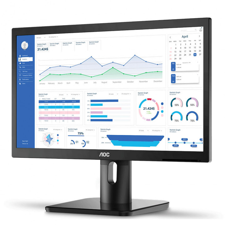 Monitor AOC E1 Series 19.5" Led, Suporte VESA, Resolução HD+, HDMI/VGA, Preto - 20E1H