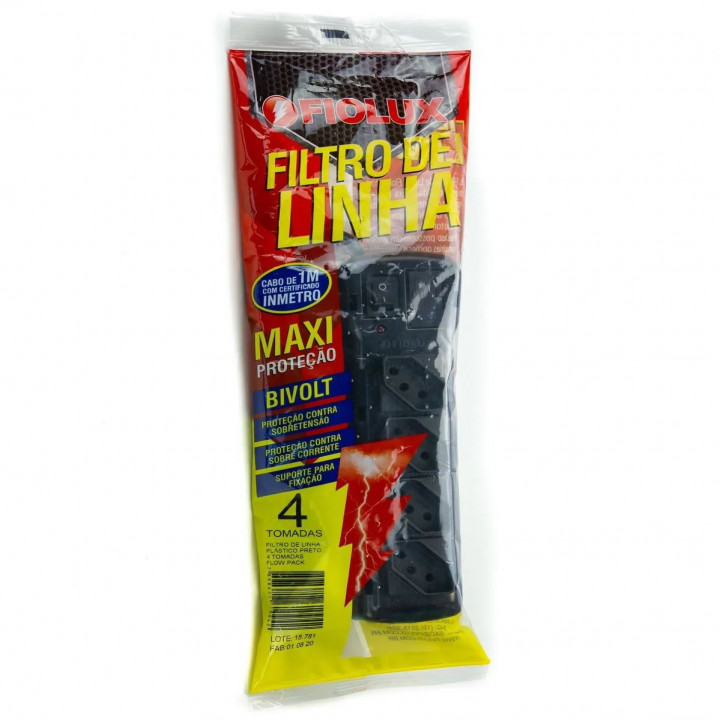 Filtro de Linha 4 Tomadas Flowpack Fiolux, Com Fusível, Botão Liga/Desliga, Preto