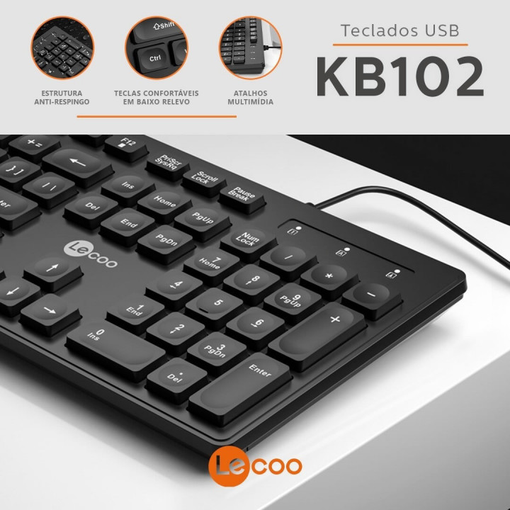 Teclado Multimídia Lecoo, USB, Membrana, Padrão ABNT2, Preto - KB102
