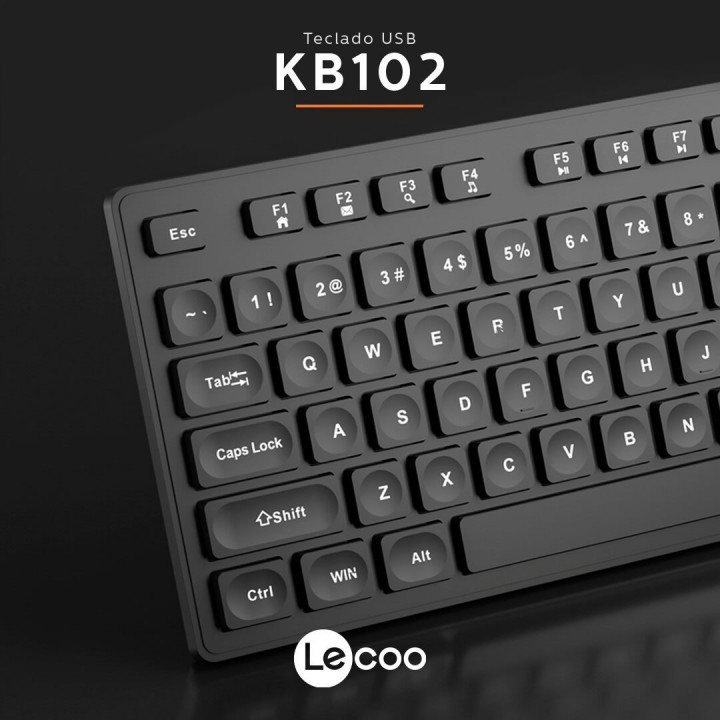 Teclado Multimídia Lecoo, USB, Membrana, Padrão ABNT2, Preto - KB102