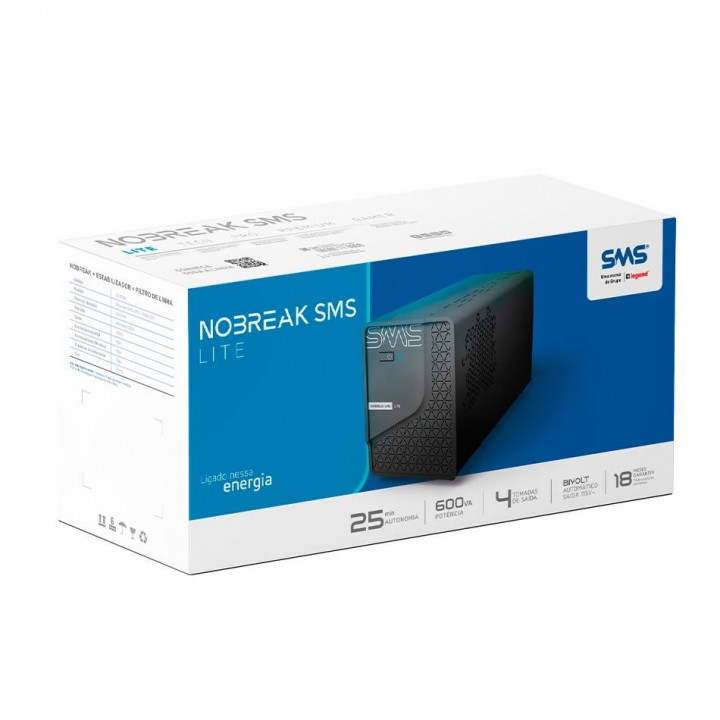 Nobreak SMS Lite, 600VA, 4 Tomadas, Bivolt/115v, Preto - 0029202