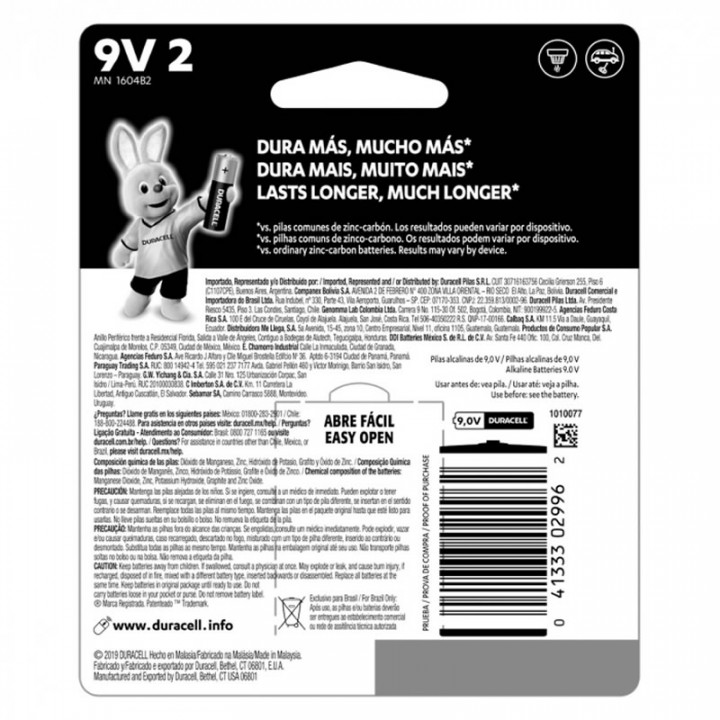 Bateria Alcalina 9V Duracell, Com Duas Pilhas - MN1604