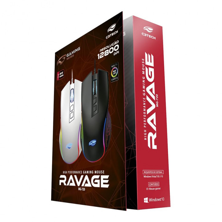 Mouse Gamer C3Tech, USB, Ravage, Led RGB, Preto - MG-720BK