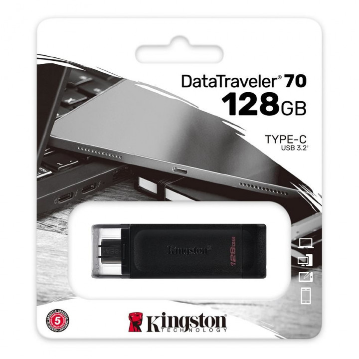 Pen Drive Kingston 128GB DataTraveler 70, USB, Type-C 3.2, Preto - DT70/128GB