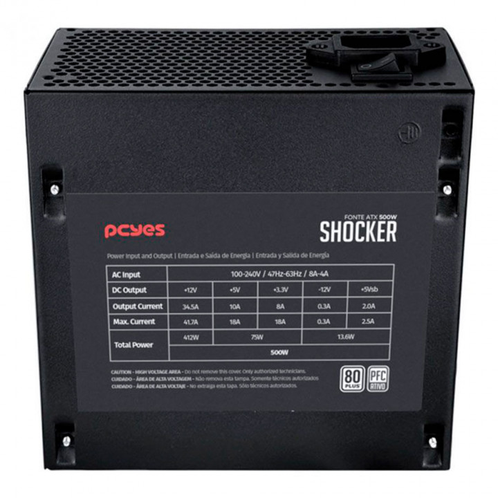 Fonte PCYES Schocker, 500w, 80 Plus, PFC Ativo, Preto - PF500SHW