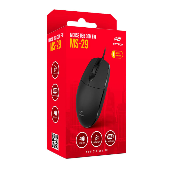 Mouse C3Tech, USB, 3 Botões, 1200DPI, Preto - MS-29BK