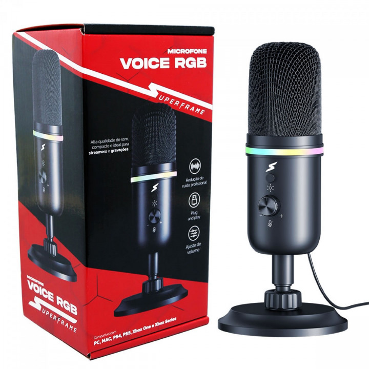 Microfone Gamer SuperFrame Voice, RGB, USB, Preto - MSF-VOICE-RGB