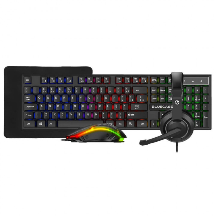 Kit Gamer Bluecase, Combo 4 em 1, Teclado + Mouse + Headset + Mousepad, LED, RGB, Preto - BGHPKM-01BX