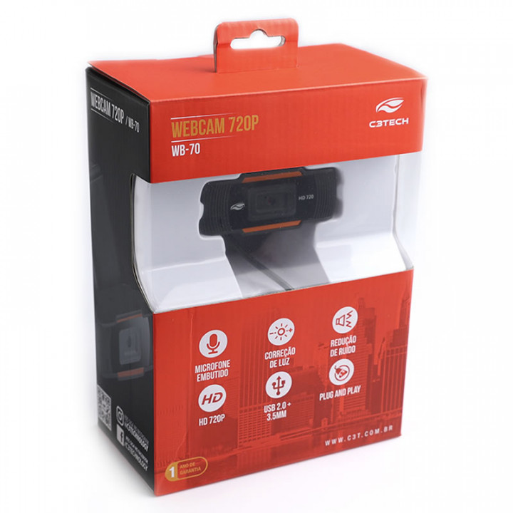 Webcam C3Tech, HD 720P, Com Microfone, Preto - WB-70BK