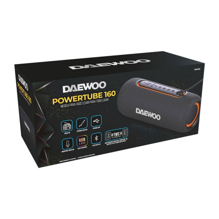 Caixa de Som Portatil Daewoo, Power Tube 160, Bluetooth 5.0, 45W RMS, Preto - DW112