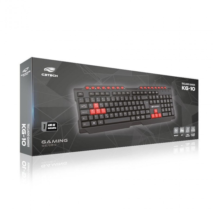 Teclado Gamer C3Tech, Multimídia, USB, Preto e Vermelho - KG-10V2BK