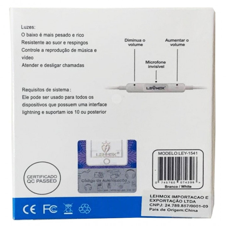 Fone de Ouvido Lehmox, Intra Auricular, Com Microfone, Com Entrada de iPhone Lightning - LEY-1541