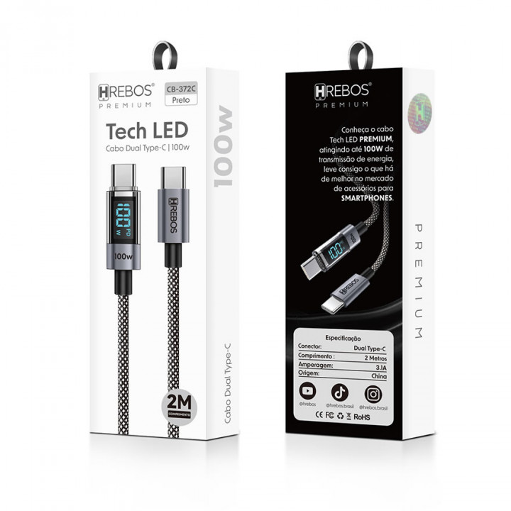 Cabo Tipo C Para Tipo C Hrebos, 2 Metros, 100W, Preto - CB-372C