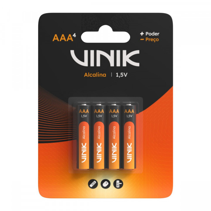 Pilhas AAA Vinik, Com 4 Pilhas 1.5V, Alcalina, Preto - VP3AB4A