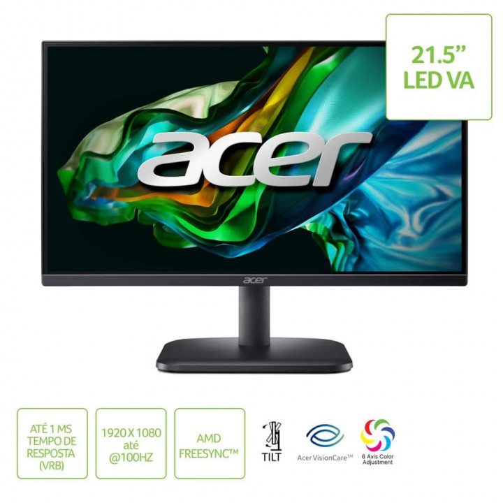 Monitor Acer 21.5", Zero Frame Led Va FULL HD, 100MHz 1ms Vrb, AMD Radeon Freesync, 1x VGA 1x HDMI, Preto - EK221Q HBI