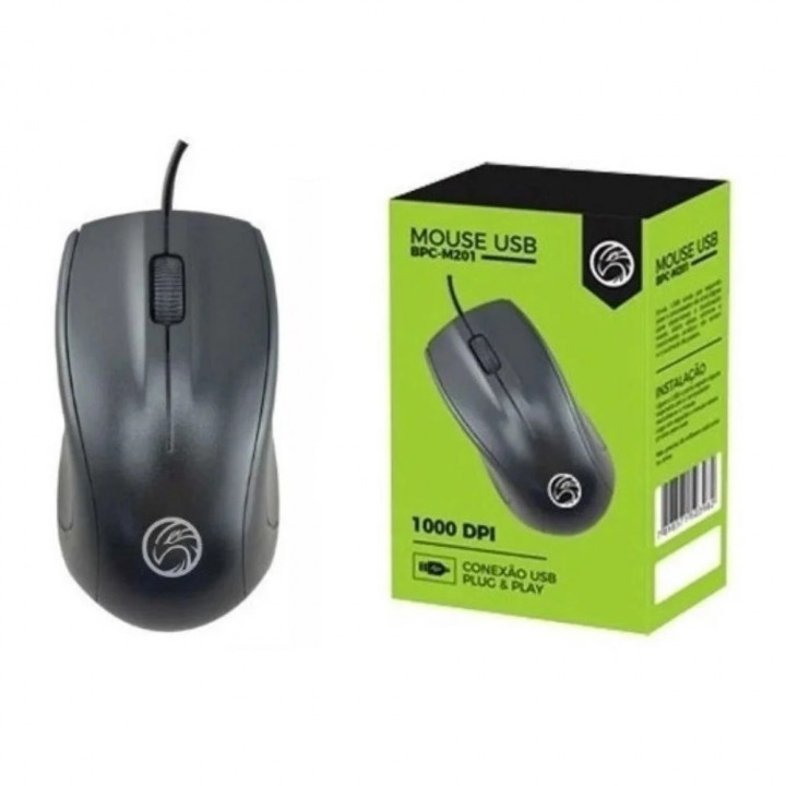 Mouse Óptico BrazilPC, 3 Botões, 1000DPI, Preto - BPC-M129