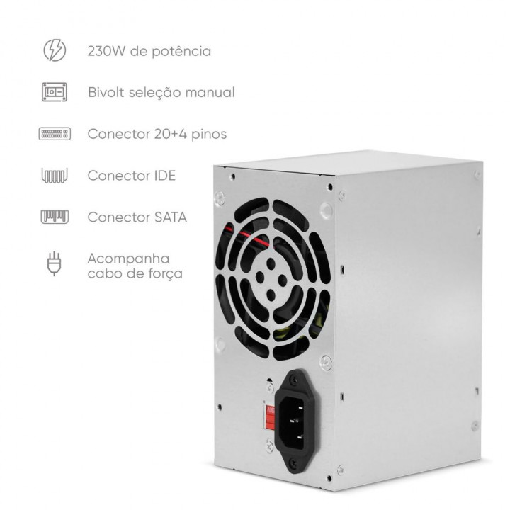 Fonte TCN Bulk, 230W, ATX, 24 PINOS, OEM, Prata - 72303