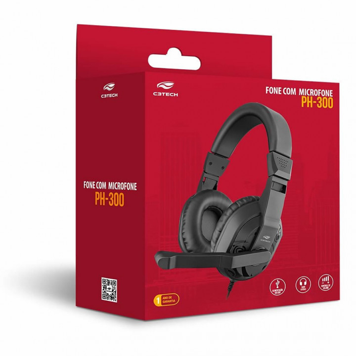 Fone Com Microfone Headset C3 Tech, USB, Preto - PH-300BK